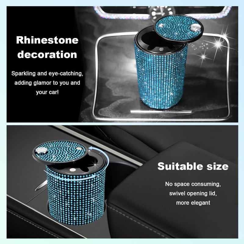 SHMZK Car Cigarette Ashtray with Lid, Stainless Steel Bling Crystal Diamond Smokeless Fireproof Vehicle Ashtray Holder, Portable Sparkling Ashtray Cup Holder for Car Home Office (Blue) - Image 3